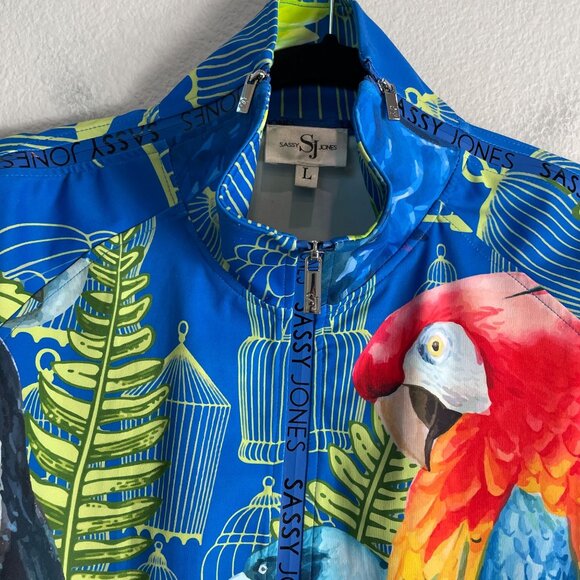 Sassy Jones Womens Large Tropical Birds Zip Jacket Zipper Sleeves Stretch - Picture 9 of 14